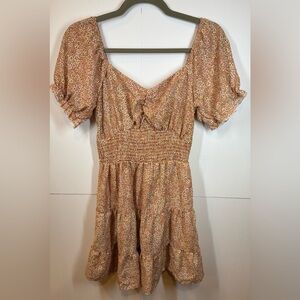 Blush Floral Smocked Mini Dress Puff-Sleeve Boho Tiered Cottagecore Size Small